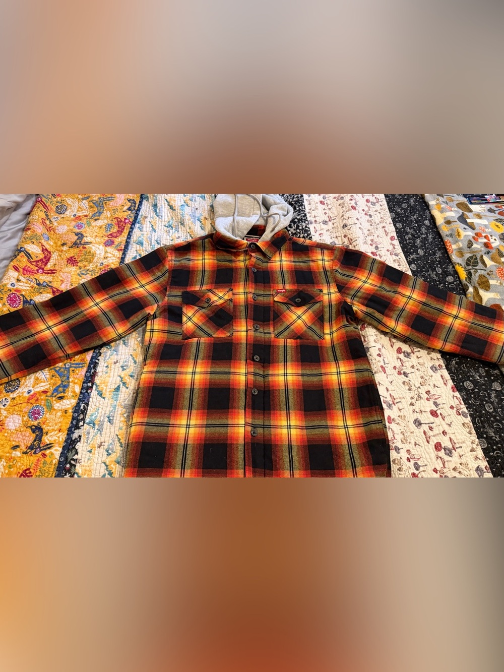 Wrangler Orange Black Plaid Button-Down Shirt with Hood
